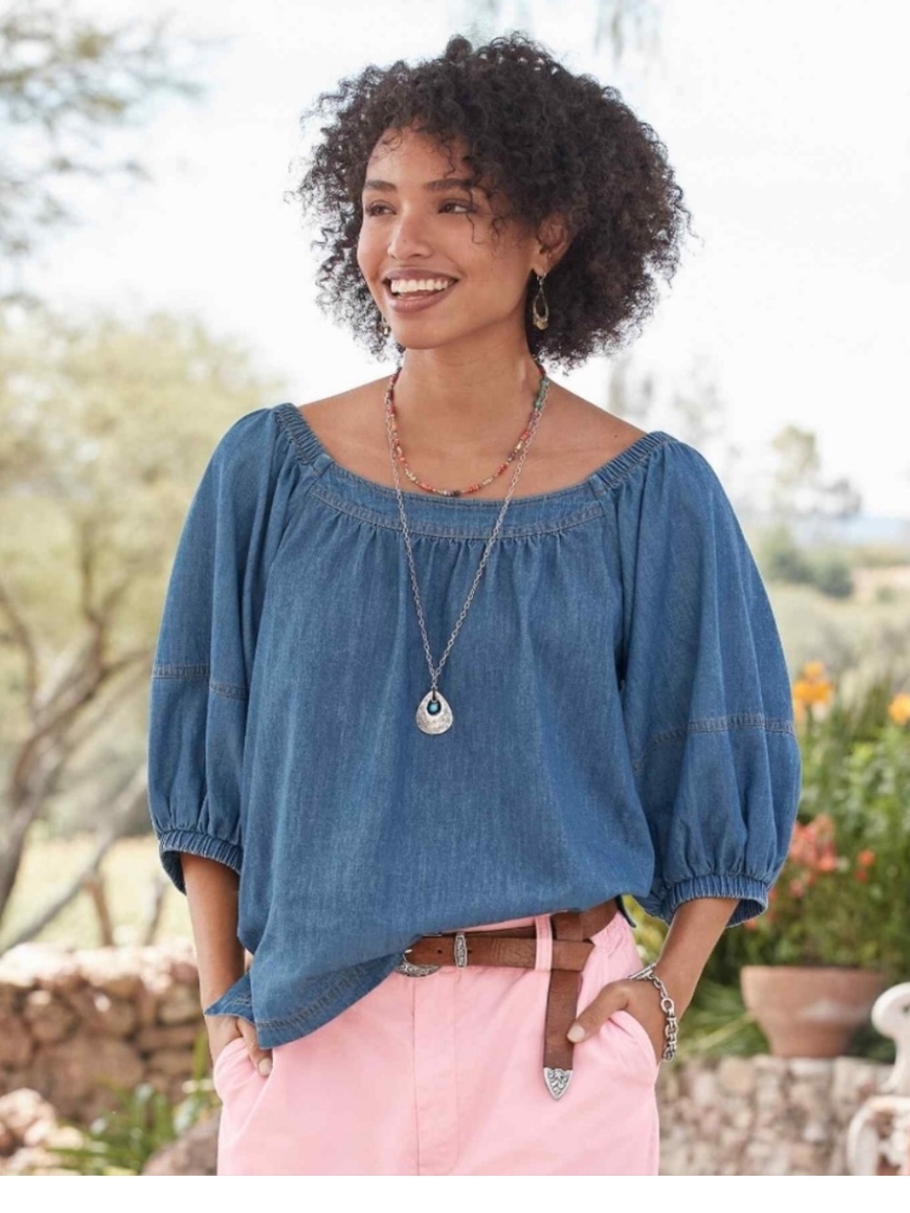 Sundance Tallulah Peasant Top Denim Chambray Balloon Sleeve In Blue Size M